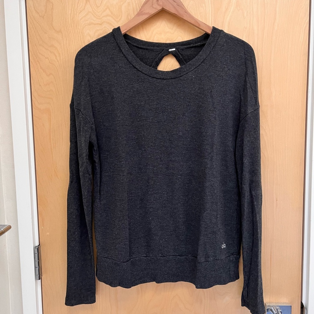 Alo Dark Grey Sweater with Back cutout and thumb holes. Size small
